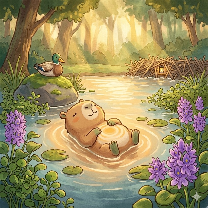 Cover art from The Little Lights Series — a watercolor of a cozy creature floating in a forest pond at dusk