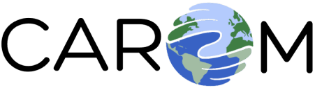 The Carom logo — the word CAROM with the letter O drawn as a globe cradled by two hands