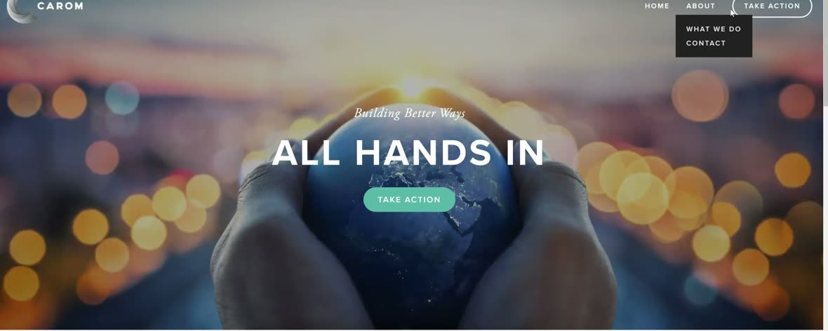 The Carom homepage I built — the headline 'All Hands In' over a pair of hands cradling a glowing globe